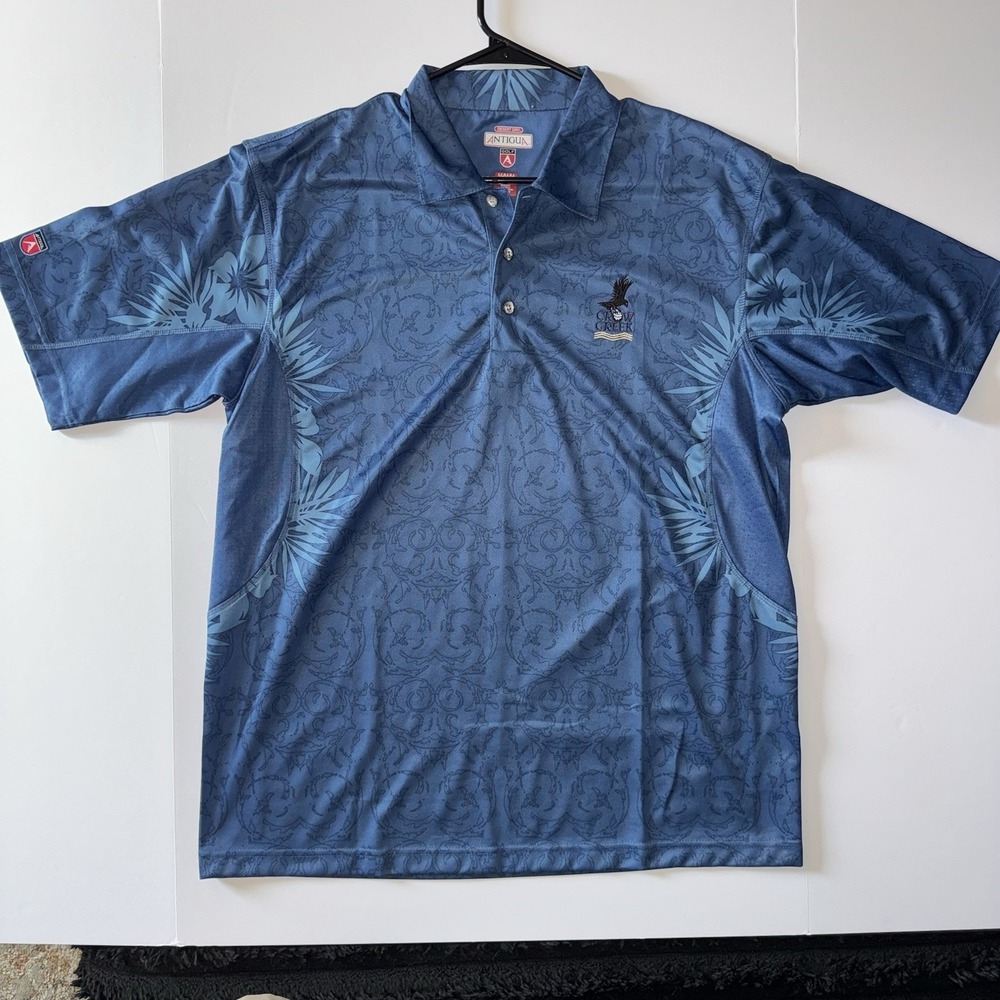 Men's Medium Antigua Crow Creek Desert Dry Golf Polo Shirt Blue Floral Pattern
